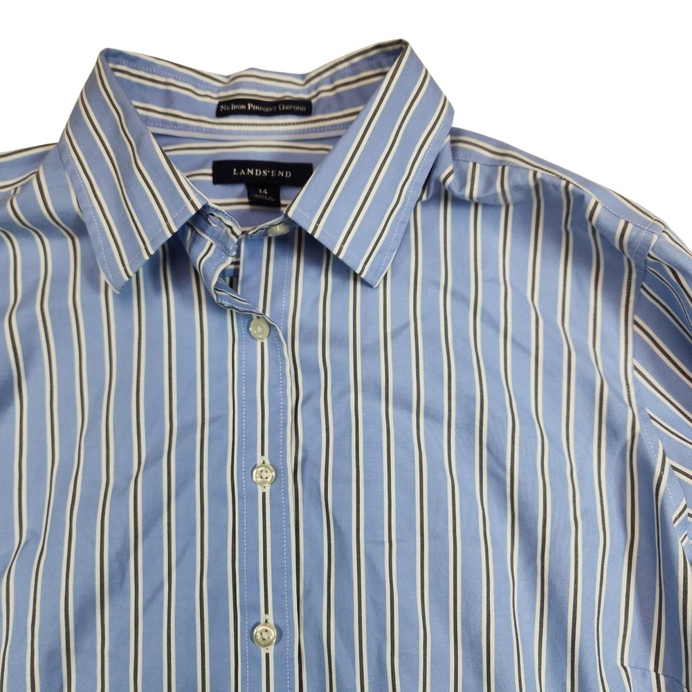 Lands End Blue Stripe Pinpoint Oxford Non Iron Dress Shirt Mens 14